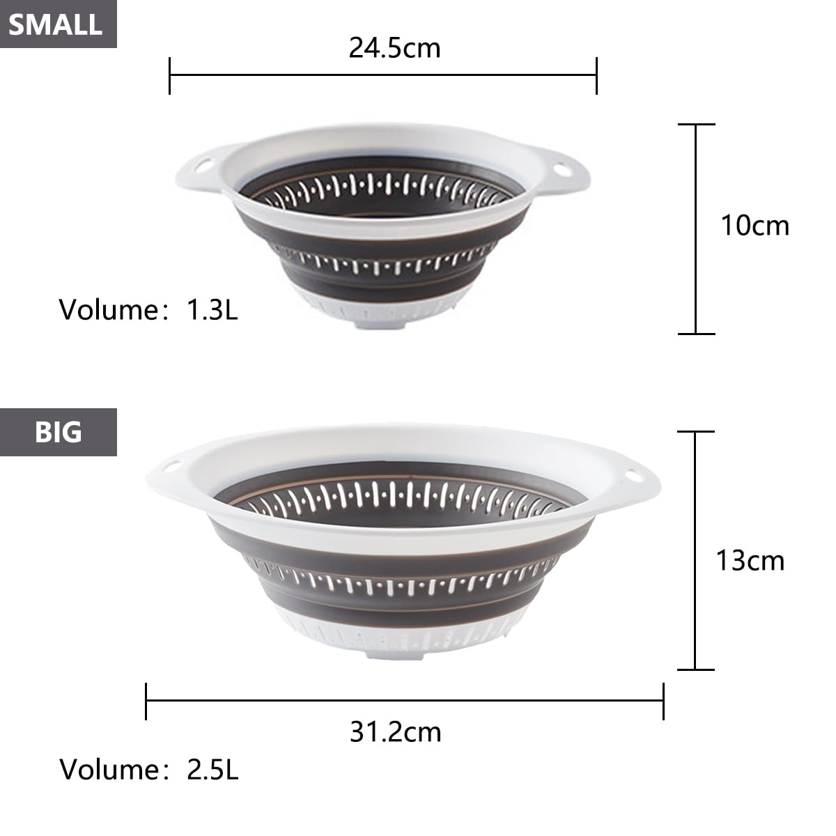 Collapsible Colander and Strainer,Silicone Strainer Colanders & Food Strainers,for Vegetable and Fruit, Kitchen Essentials (2, White, 1.3L+2.5L)
