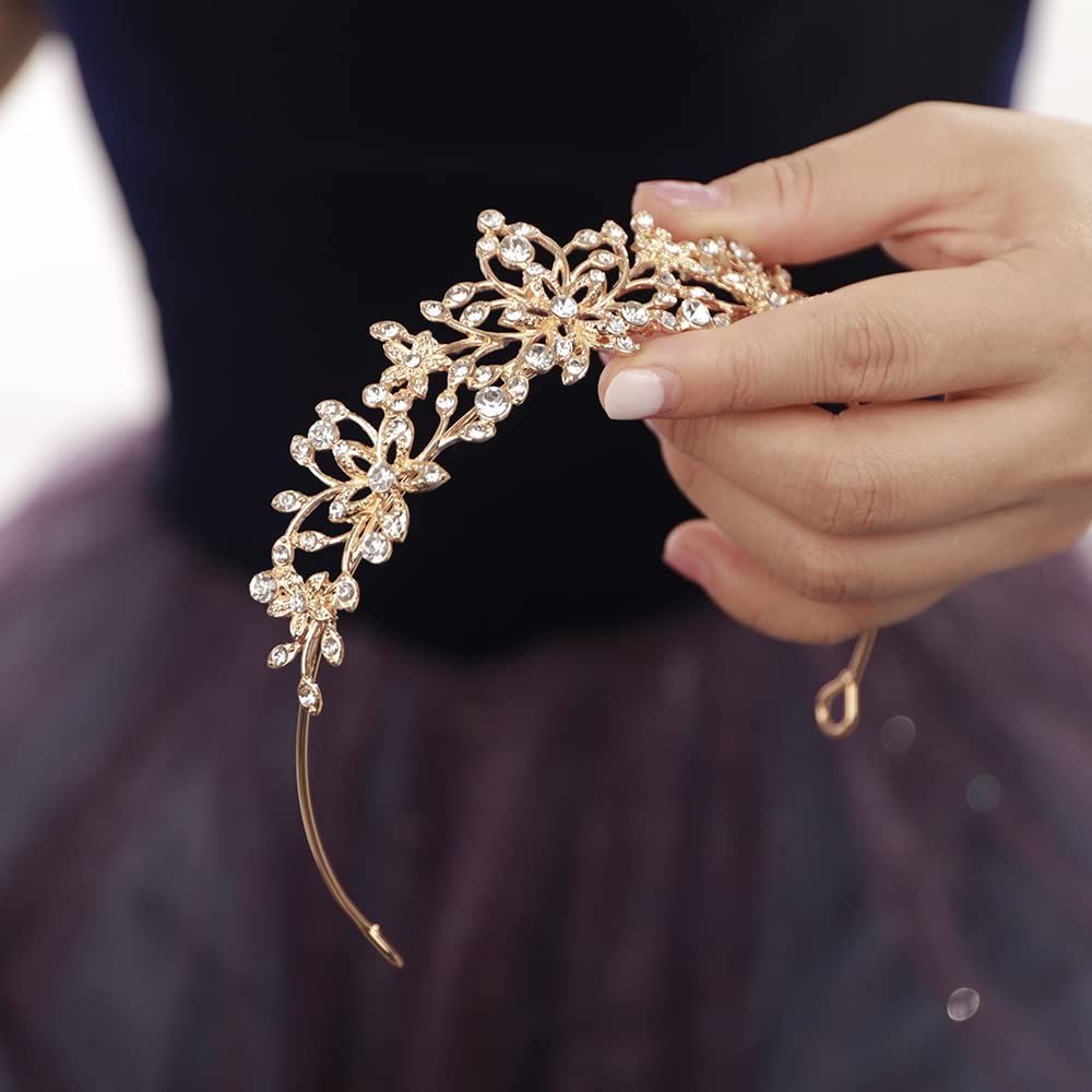 JWICOS Crystal Tiaras and Crowns for Women and Girls Bridal Princess Rhinestones Crystal Flower Wedding Tiara Crown for Birthday Pageant Prom Party (Gold)