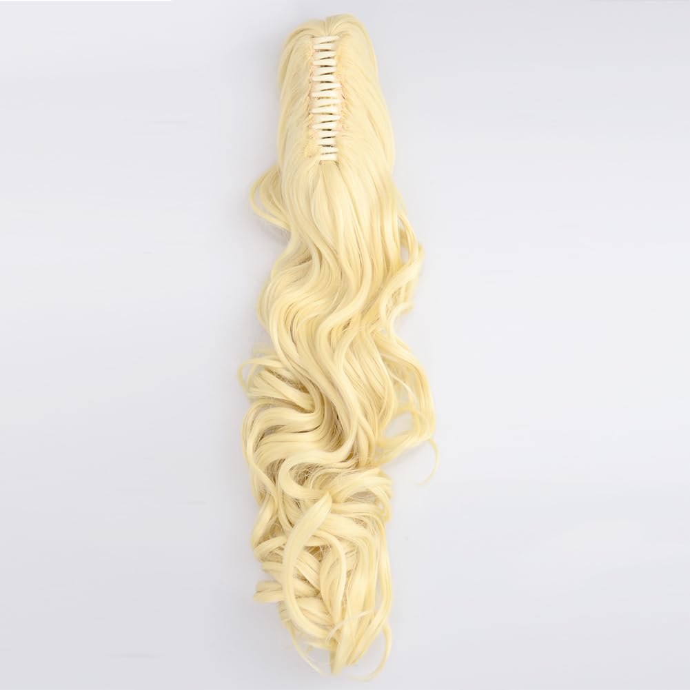 DIGUAN Claw Clip In Wavy Loose curly Synthetic Wrap Around Ponytail Extensions 24 Inches Pony Tail Clip In Extensions for Women Girl 7.4oz/210g (#Light Blonde)
