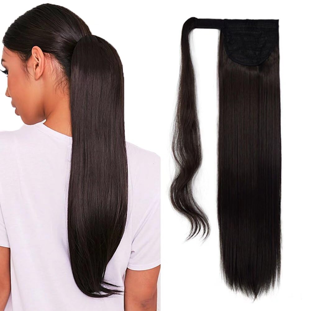 iLUU Clip in Ponytail Hair Extension Synthetic Wrap Around Long Straight Ponytail for Lady Women Girl 100g Darkest Brown Magic Paste Ponytail Hair Piece for Daily Use (24 Inch, 4A#)