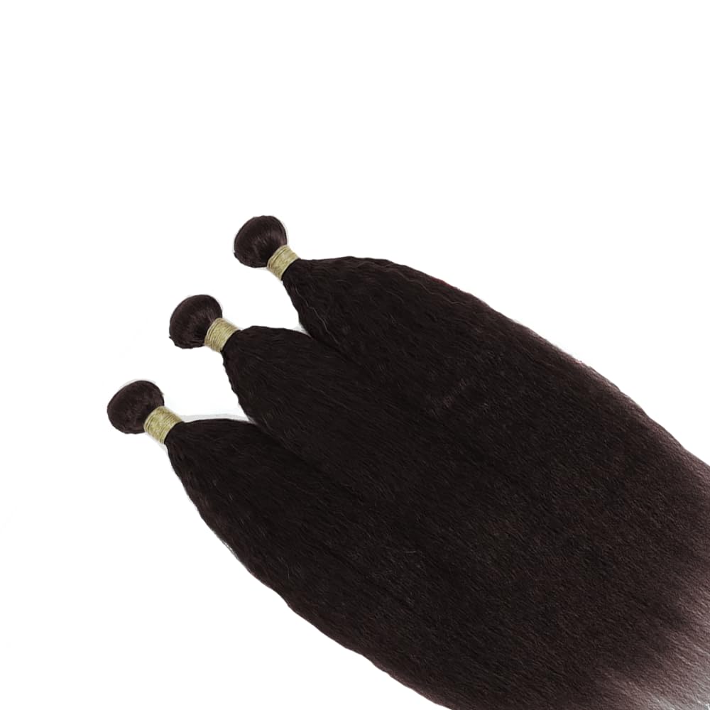 Color 4 Kinky Straight Bundles Human Hair Dark Brown Yaki Straight Bundles Chocolate Brown Double Weft Brazilian Remy Hair Extensions Soft and Silky for Black Women (20 22 24 Inch 3 Bundles)