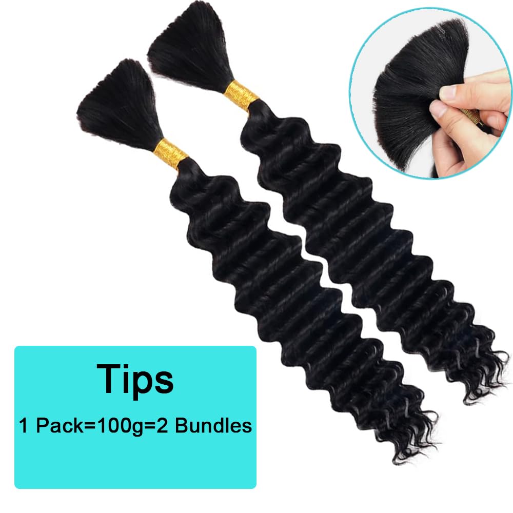 Human Braiding Hair Deep Wave Bulk Human Hair for Braiding 100g 2Bundles/Pack No Weft Curly Braiding Hair Bulk Curly Human Hair for Boho Braids (Natural Black, 28 Inch)