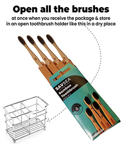 SAVSEA Charcoal Bamboo Toothbrush for Adults with Soft Medium Bristles (4Toothbrushes)