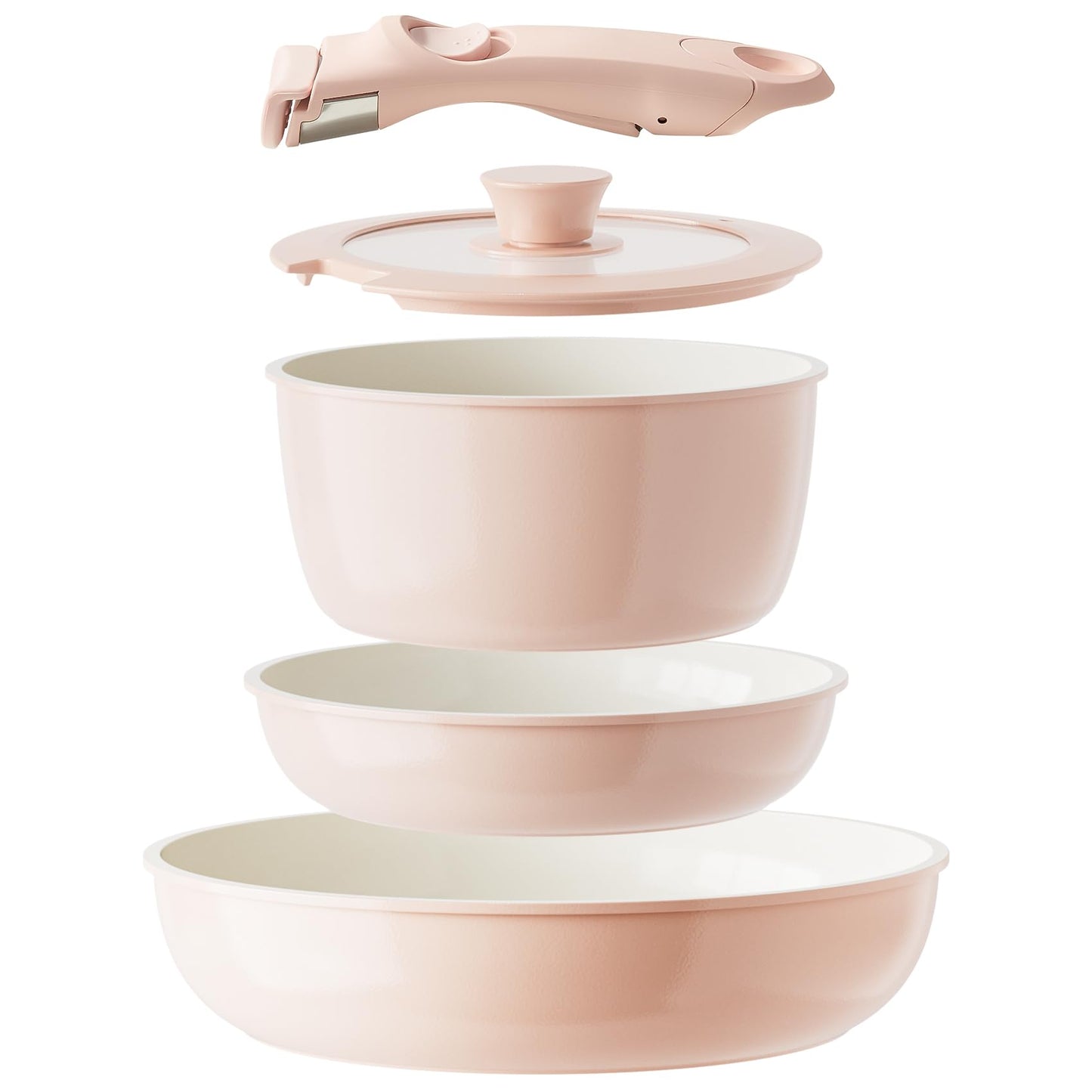 Redchef Ceramic Cookware Set, Removable Handle Pots and Pans Non-Stick, Rv Cookware Set, Non-Toxic Pots and Pans Set No PFAS, PTFE, PFOA, Detachable Pots and Pans, Dishwasher & Oven Safe (Pink)