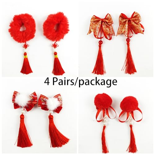 LOONELO 4 Pairs Chinese New Year Baby Girl Hair Clips with Chinoiserie Tassel, Dragon Year Hairy Furry Balls Red Bows Hairpins, Tassel Hair Barrettes for Spring Festival Lunar Year Decorations