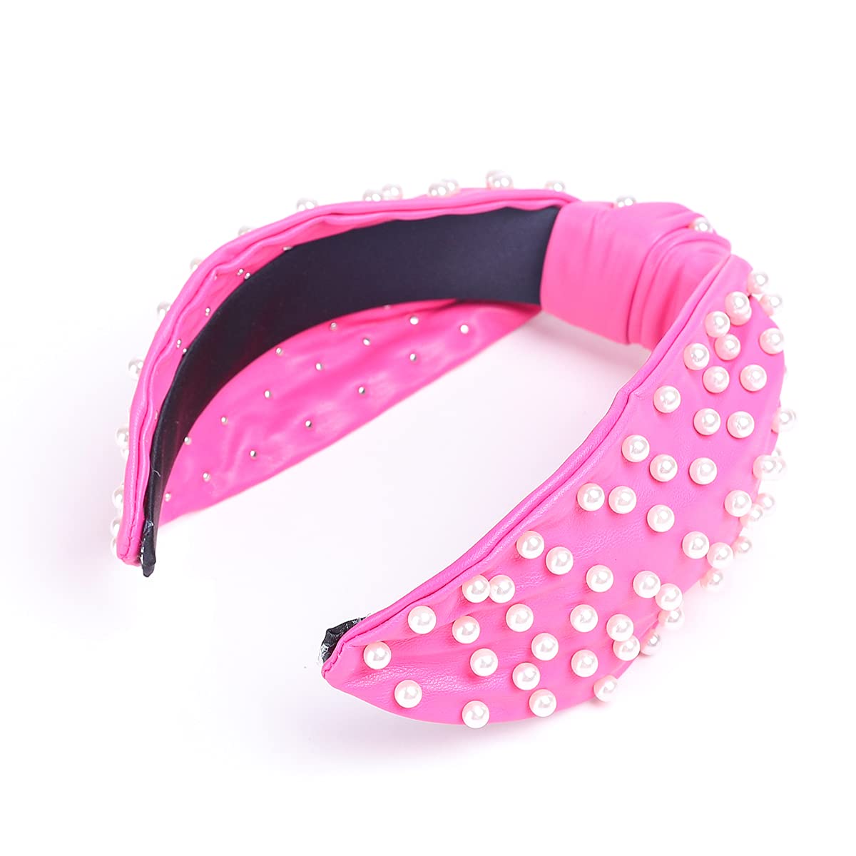 FEDANS Pearly Knotted Women Pink Headband Luxury Jeweled Leather Beaded Embellished Top Hairband Fashion Elegant Ladies Hair Band