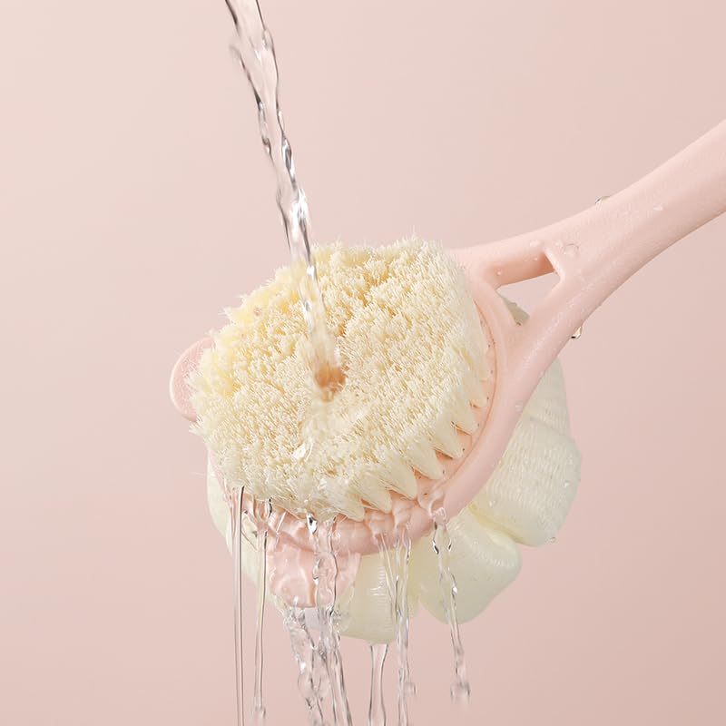Maji Mama 15.7inch Upgrand Shower Body Brush,Soft Bristles and Loofah/Mesh Sponge Ball Long Handle Bath Brush Back Scrubber for Gentle Skin Exfoliating and Cleaning (Green)