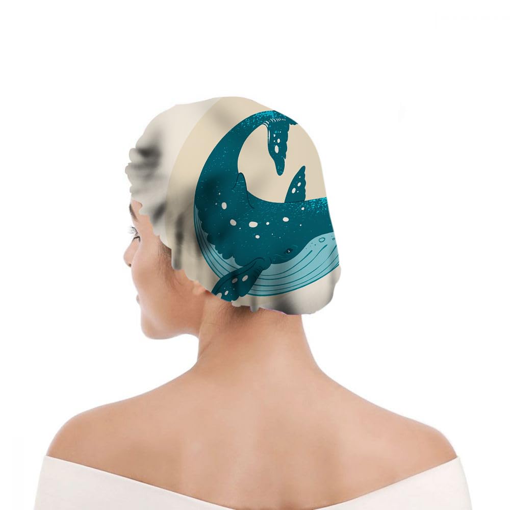 Ceutoiy Reusable Shower Cap Double Waterproof Layers Bathing Hat Blue Whale Shower Cap Swimming in The Underwater Bubble
