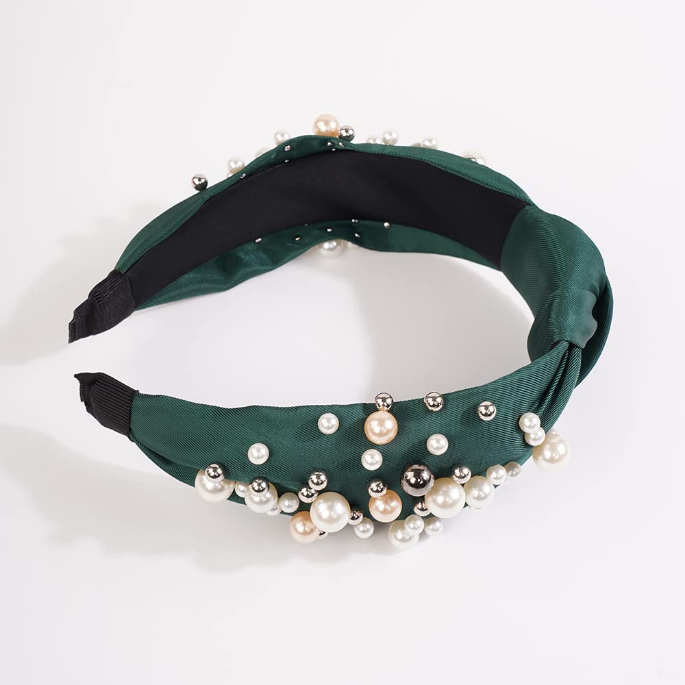 Wiwpar Pearl Knotted Headbands for Women Fashion Wide Pearl Bead Headband Head Bands Boho Hair Accessories (Green)