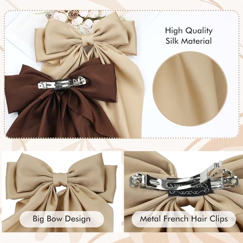 Cinaci 8 Pieces Silky Satin Big Hair Bows for Women Girls Teens, Fancy Long Tail Bow Hair Clips French Hair Barrettes Hair Accessories