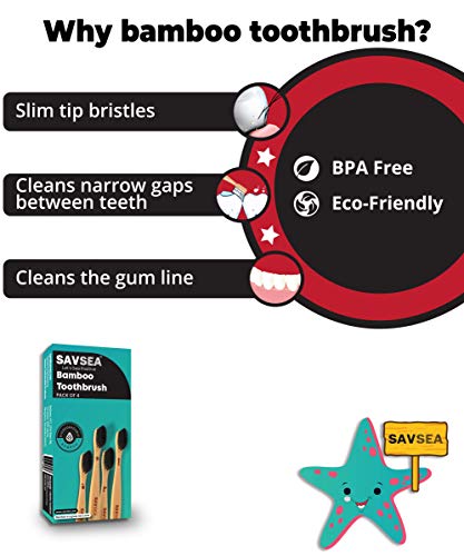 SAVSEA Charcoal Bamboo Toothbrush for Adults with Soft Medium Bristles (4Toothbrushes)