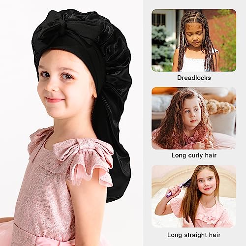 Kids Long Hair Bonnet for Sleeping - Double Layer Girls Elastic Satin Bonnet with Tie Band for Braid Curly Hair(Black)
