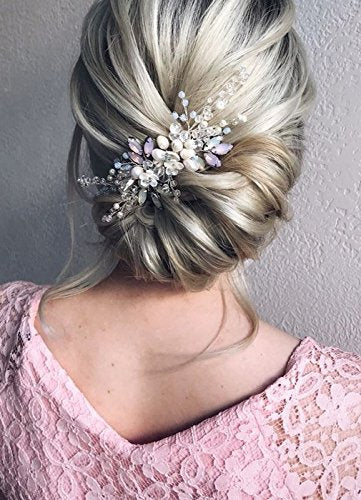 Kercisbeauty Wedding Bridal Bridesmaids Flower Girl Vintage Tiny Pearl Beads Purple and Blue Rhinestones White Flower Headband with Comb Bridal Hair Comb Headpiece Long Curly Bun Hair (Gold)
