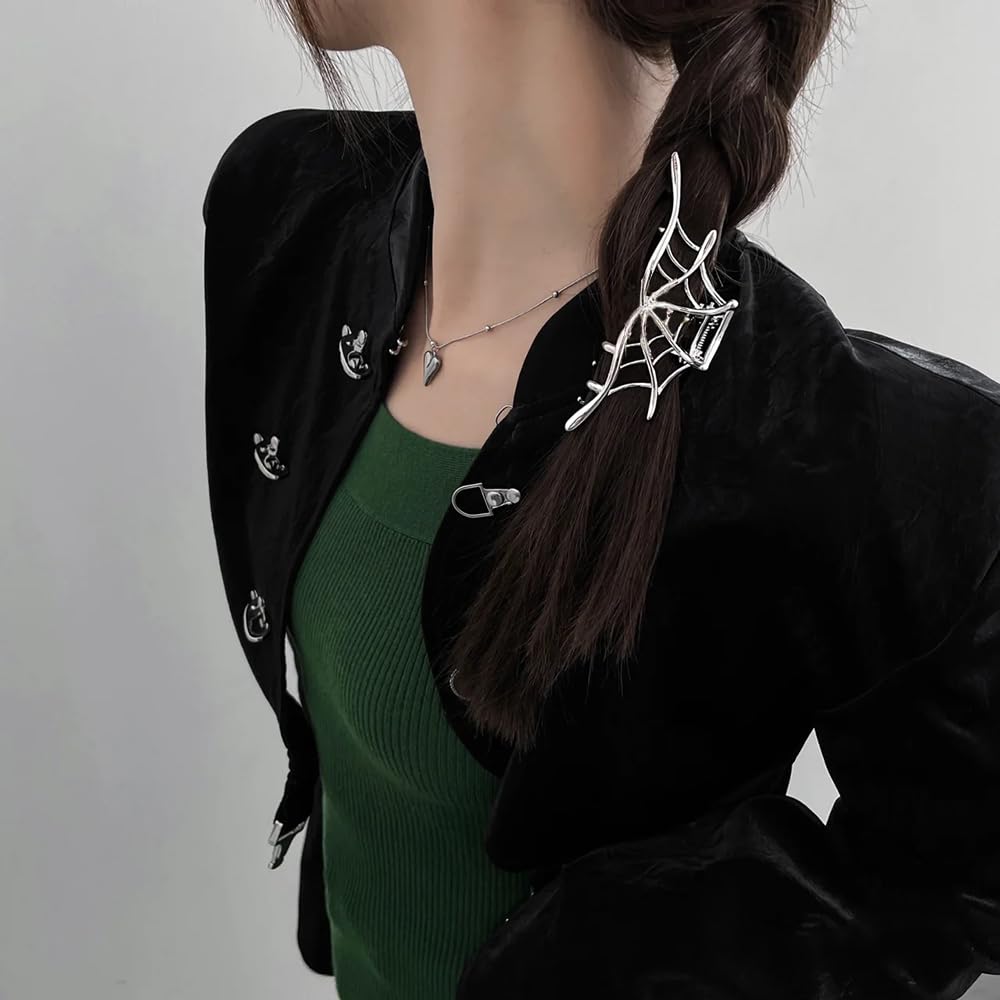 Metal Silver Hair Claw Clips - Spider Web Design for Thick or Thin Hair, Strong Hold for Cosplay Party Accessories (1Pc)