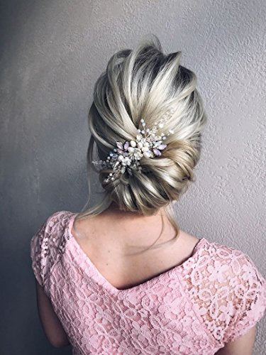 Kercisbeauty Wedding Bridal Bridesmaids Flower Girl Vintage Tiny Pearl Beads Purple and Blue Rhinestones White Flower Headband with Comb Bridal Hair Comb Headpiece Long Curly Bun Hair (Gold)