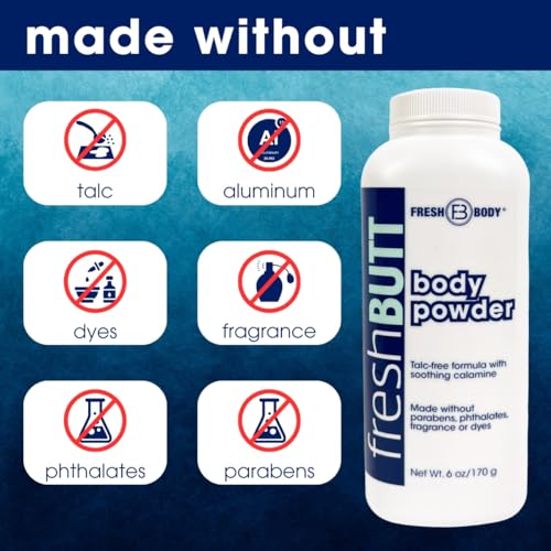 Fresh Body FB Butt Body Powder for Women & Men - Anti-Chafing, Anti-Itch, Odor & Sweat Absorbing + Calamine - Friction Fighting, Talc-Free, Unscented, 6oz