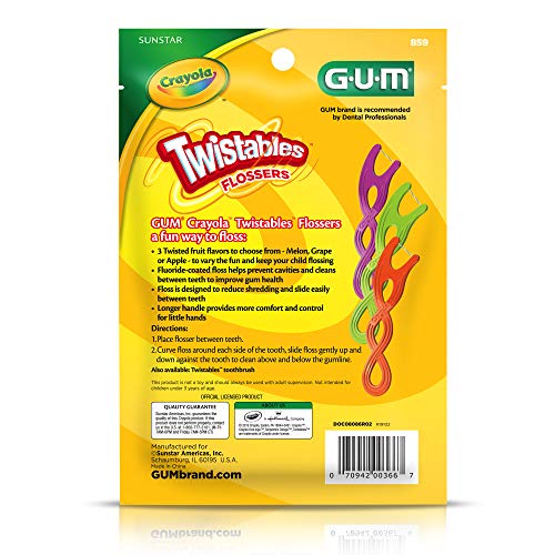 GUM Twistables Kids Flossers with Fluoride - Designed for Little Hands - Three Fun Fruit Flavors - Easy to Use Kids Floss Picks for Children Ages 3+, 90 Count (Pack of 2)