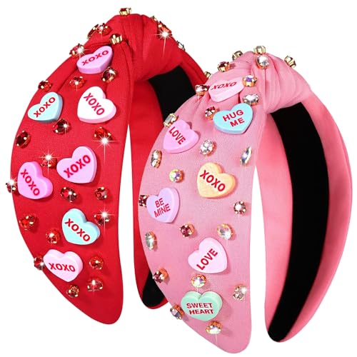 mokkia 2PCS Valentine's Day Headband for Women XOXO Love Massage Heart Headband Red Pink Rhinestone Crystal Knotted Headband Valentine's Day Hair Accessoroes Gifts (2PCS Valentine's Headband 1)
