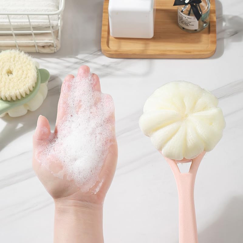 Maji Mama 15.7inch Upgrand Shower Body Brush,Soft Bristles and Loofah/Mesh Sponge Ball Long Handle Bath Brush Back Scrubber for Gentle Skin Exfoliating and Cleaning (Green)