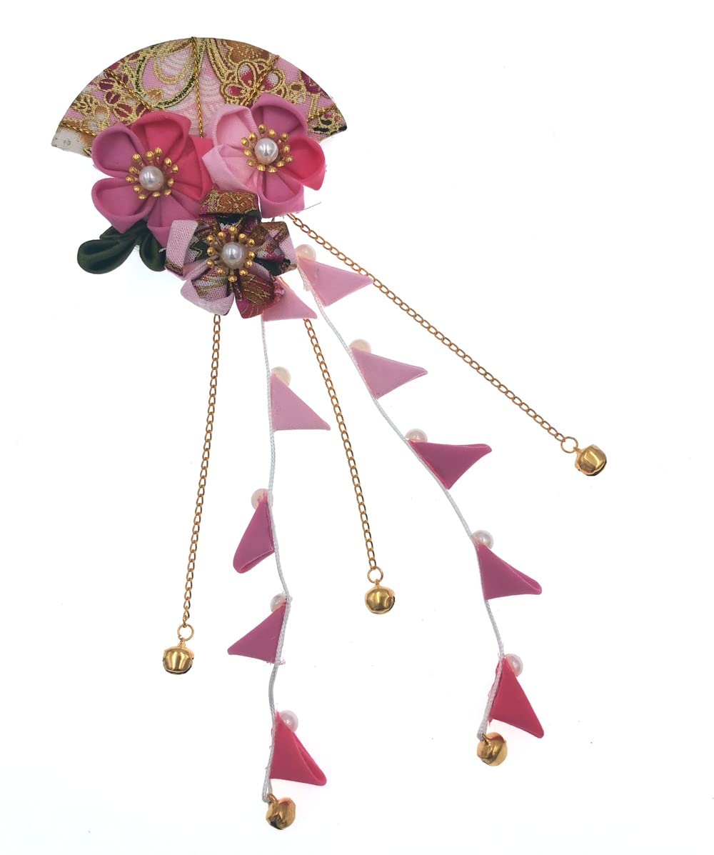 MIAO WU Womens Girls Japanese Kimono Flower Hair Clip, Kanzashi Decor Hair Pin Hair Ornament Tie Band Clip Hanfu Accessories (Pink)