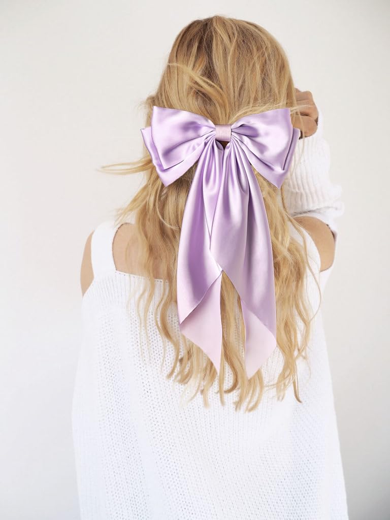 Furling Pompoms Hair Bows for Women, 2 Pack Large Satin Silky Bow Clips Lilac Ribbon Long Tail French Barrette Clamps Girls Purple Accessories Party Wedding