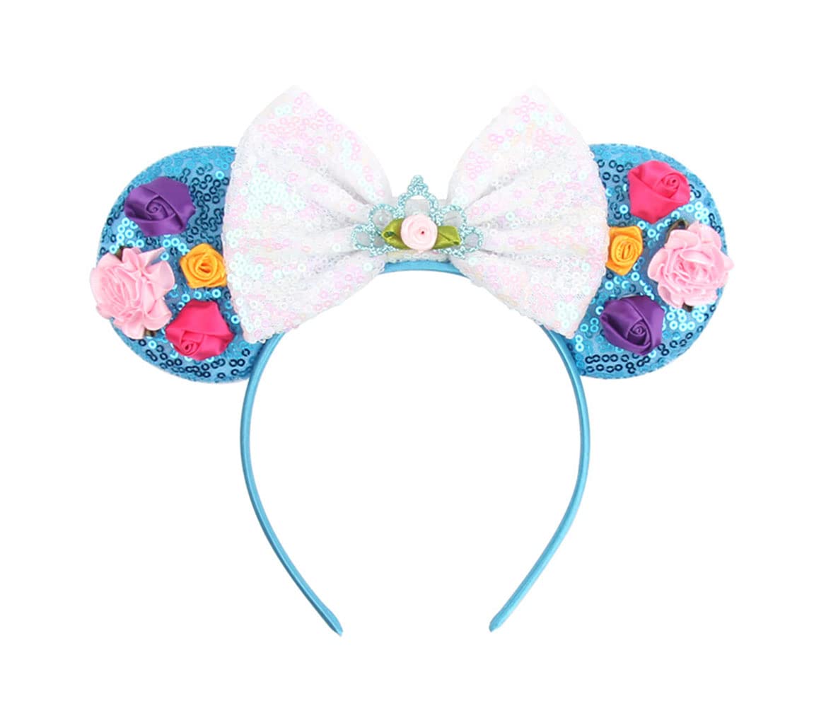 Koolgil Women's Cute Mouse Ears Bowknot Headband Amusement Park Holiday Flower Headband Children's Hair Ornament for Travel Party Festivals (Blue White)