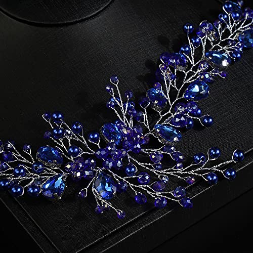 JWICOS Bride Wedding Hair Vine Pearl Bridal Hair Piece Crystal Wedding Hair Accessories Long Headband for Women and Girls (blue)