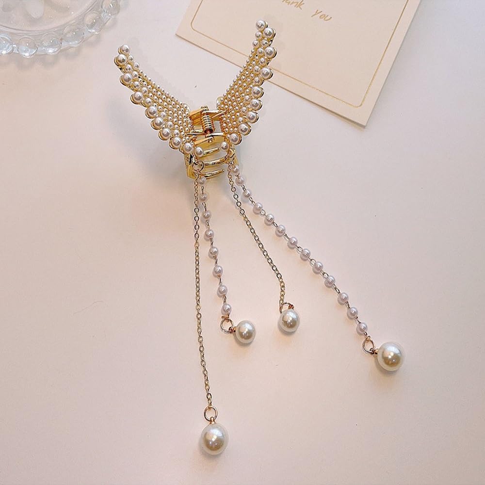 Kaichen Hair Clip for Women Girls, Pearl Tassel Claw Clips for Thin/Medium Fine Hair, Nonslip Jaw Clips (Style 01), Medium
