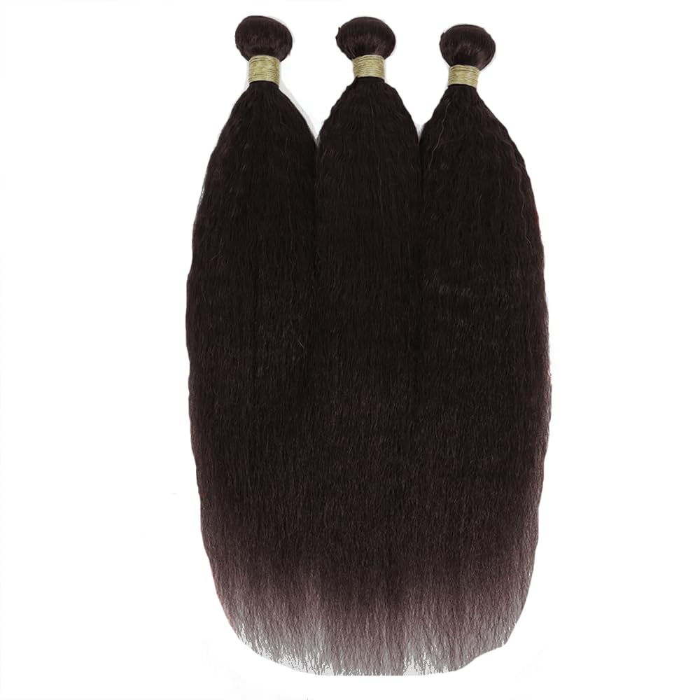 Dark Borwn Yaki Straight Bundles Human Hair Light Brown Kinky Straight Bundles Double Weft Brazilian Human Hair Weave Extensions Wet and Wavy Bundles for Black Women (24 26 28 inch)