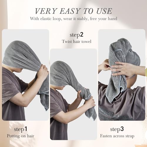 Kitzor Microfiber Hair Towel Wrap for Women - Ultra Soft and Absorbent Hair Towel with Elastic Band for Curly, Thick or Long Hair - Beige