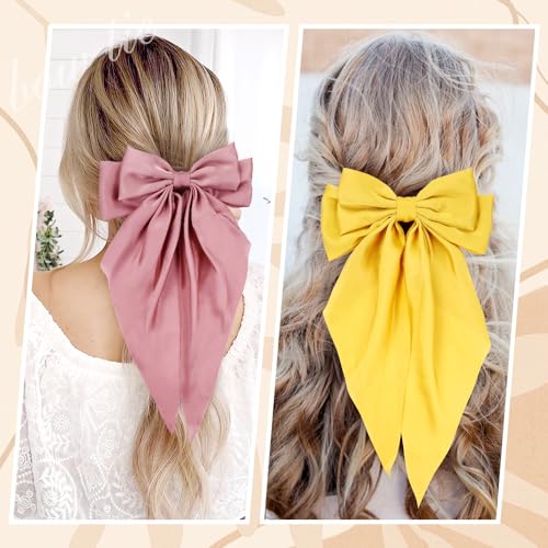 Cinaci 8 Pieces Silky Satin Big Hair Bows for Women Girls Teens, Fancy Long Tail Bow Hair Clips French Hair Barrettes Hair Accessories
