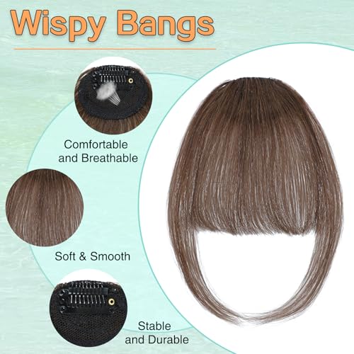 Wirctp Bangs Hair Clip in Bangs 100% Real Human Hair Extensions For Women French Bangs Fringe with Temples Clip On Hairpieces Fake Bangs For Daily Wear（Brown）