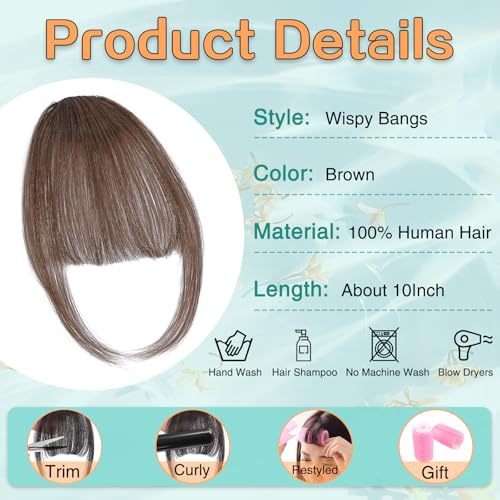Wirctp Bangs Hair Clip in Bangs 100% Real Human Hair Extensions For Women French Bangs Fringe with Temples Clip On Hairpieces Fake Bangs For Daily Wear（Brown）