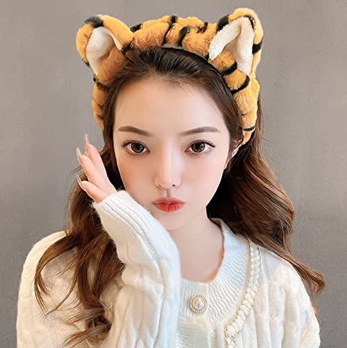 GK-O Cute Plush Tiger Ears Headband Kawaii Face Wash Makeup Party Festival Accessories Hair (White)
