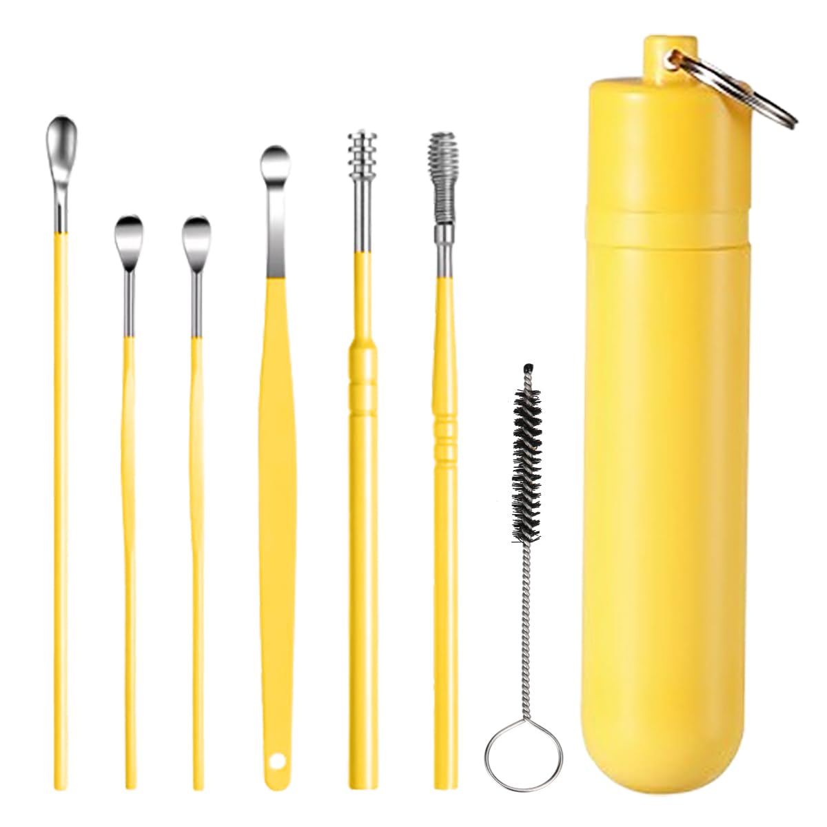 Generic 7 Pieces Ear Wax Removal Kit Ear Wax Remover Pickers, Stainless-Steel Earpick, Ear Pick Spoon, Ear Care Cleaning Tools (Yellow)