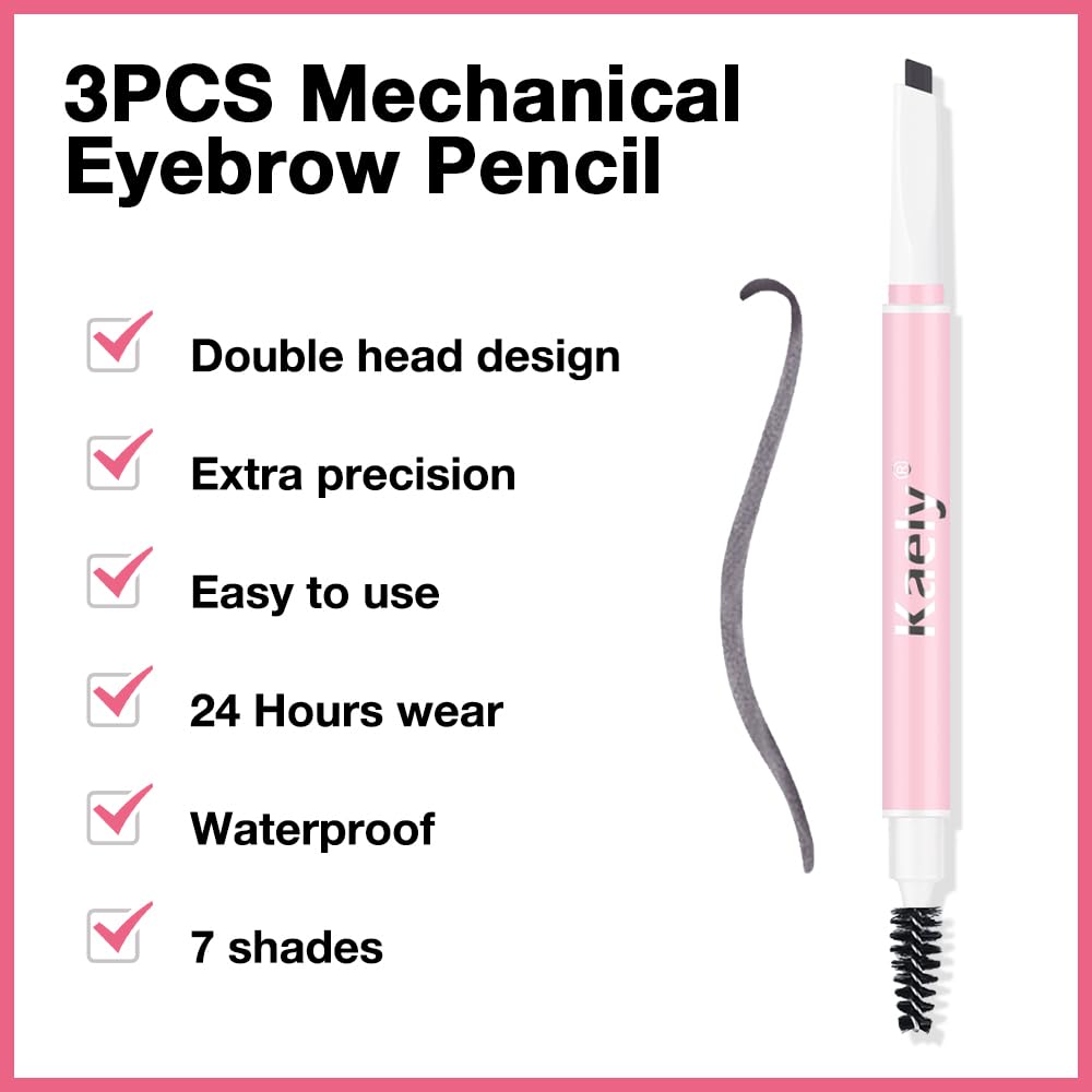 3Pcs Waterproof Eyebrow Pencil, Professional Makeup Micro Brow Pencil, Double-ended ultra-fine eyebrow pencil, Ultra-Fine Mechanical Pencil (3, 02#Dark Gray)