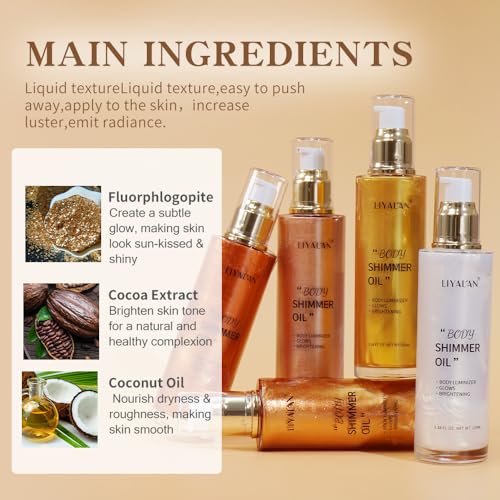 Liyalan Shimmer Body Oil Pearl White 5 Color Bronze Face Brighten Glow Highlighter Illuminator Body Makeup Shine Glitter Gold Liquid Taning (2.8 Fl Oz)