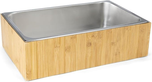 Displays2go 21" x 6.5" Ice Housing Tray - Bamboo and Steel Ice Housing Container - Removable Tray for Display Buffets - Bamboo (FSIHWOODL)
