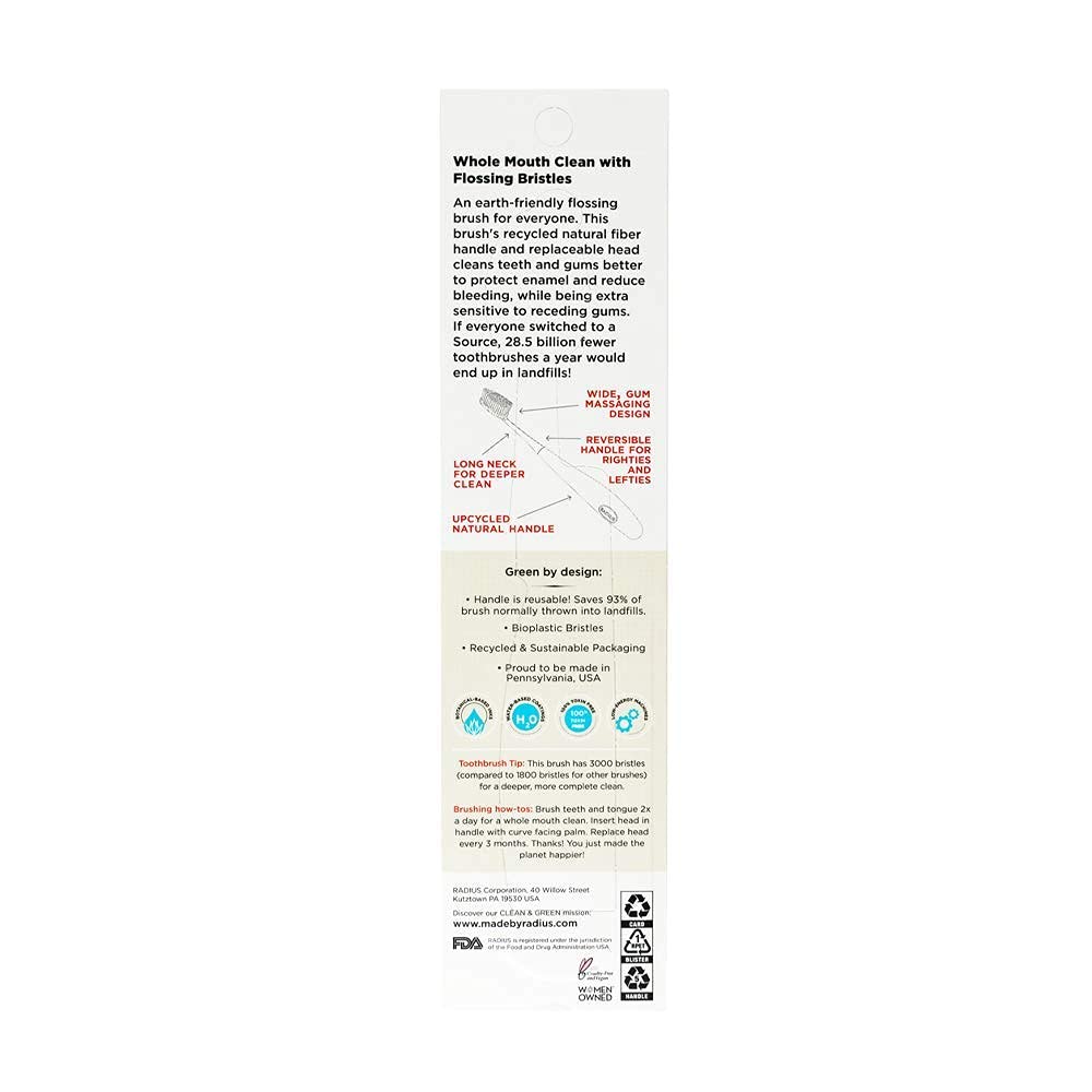 RADIUS Toothbrush Source Floss Brush BPA Free & ADA Accepted Improve Gum Health & Reduce Gum Issues - Medium - Assorted Colors - Pack of 6