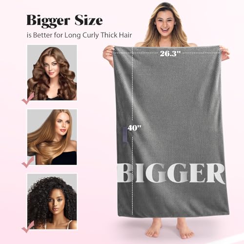 MABAO Microfiber Hair Towel Wrap for Women, Quick Dry Hair Turban Towel with Elastic Band, Microfiber Plopping Towel for Curly Hair, Long & Thick Hair 26.3" X 40" (Gray)