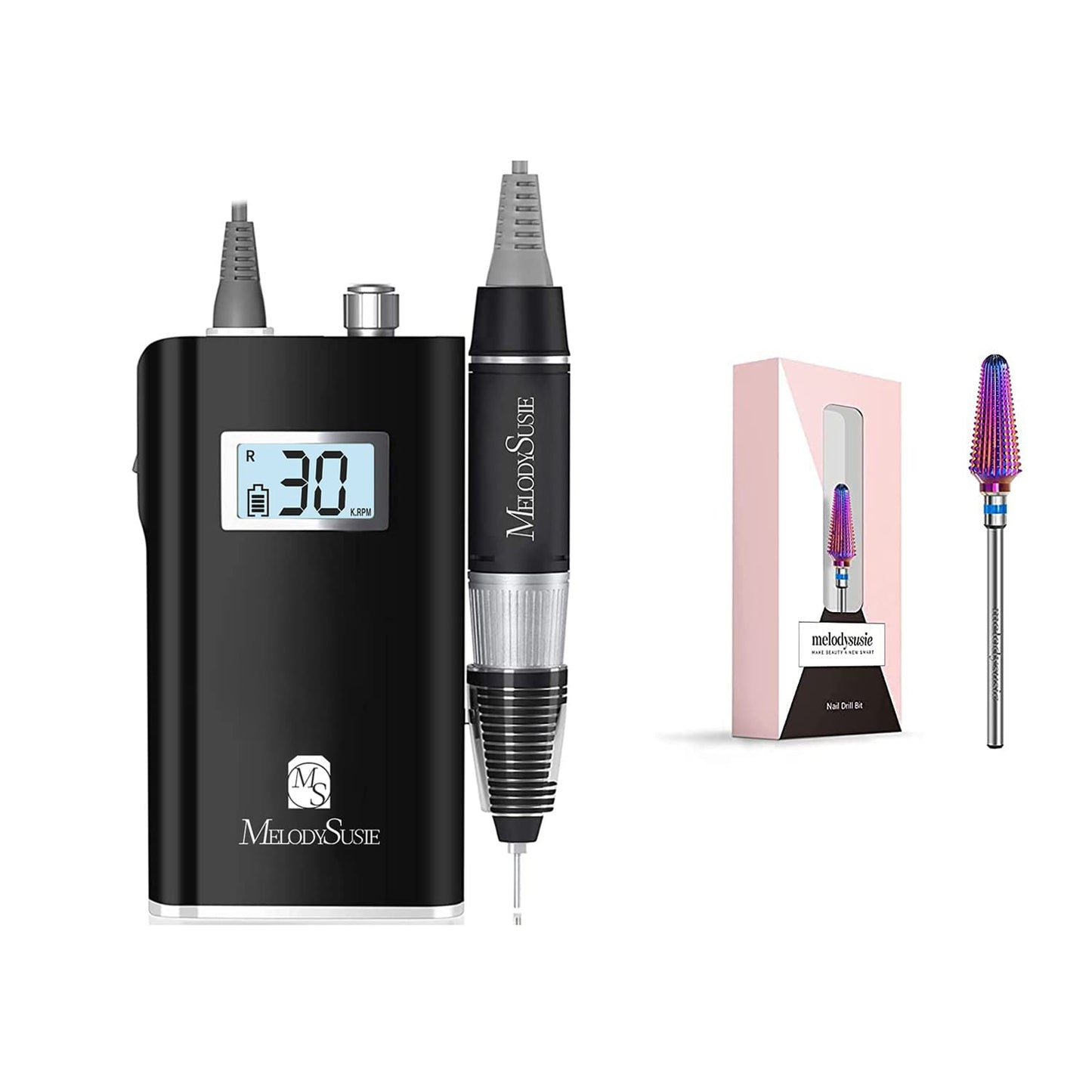 MelodySusie Professional Rechargeable 30000 RPM Nail Drill and Professional Tornado Nail Drill Bits