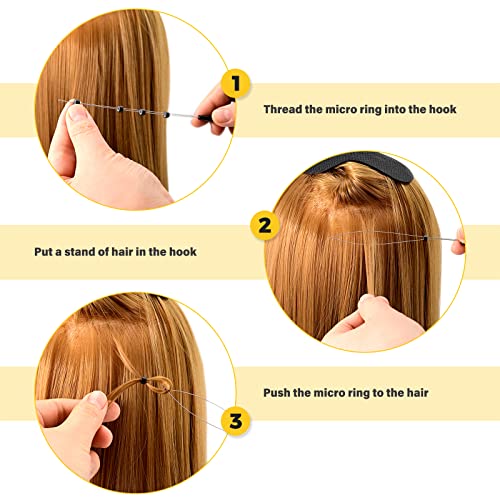 Gomake Hair Extensions Closed and Remover Pliers set, Micro Silicone Rings Beads Hair Extensions Loop Needle Threader Pulling Hook Tool and Bead Device Tool for Hair or Feather Extensions (Gold)