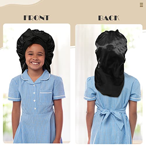 Kids Long Hair Bonnet for Sleeping - Double Layer Girls Elastic Satin Bonnet with Tie Band for Braid Curly Hair(Black)