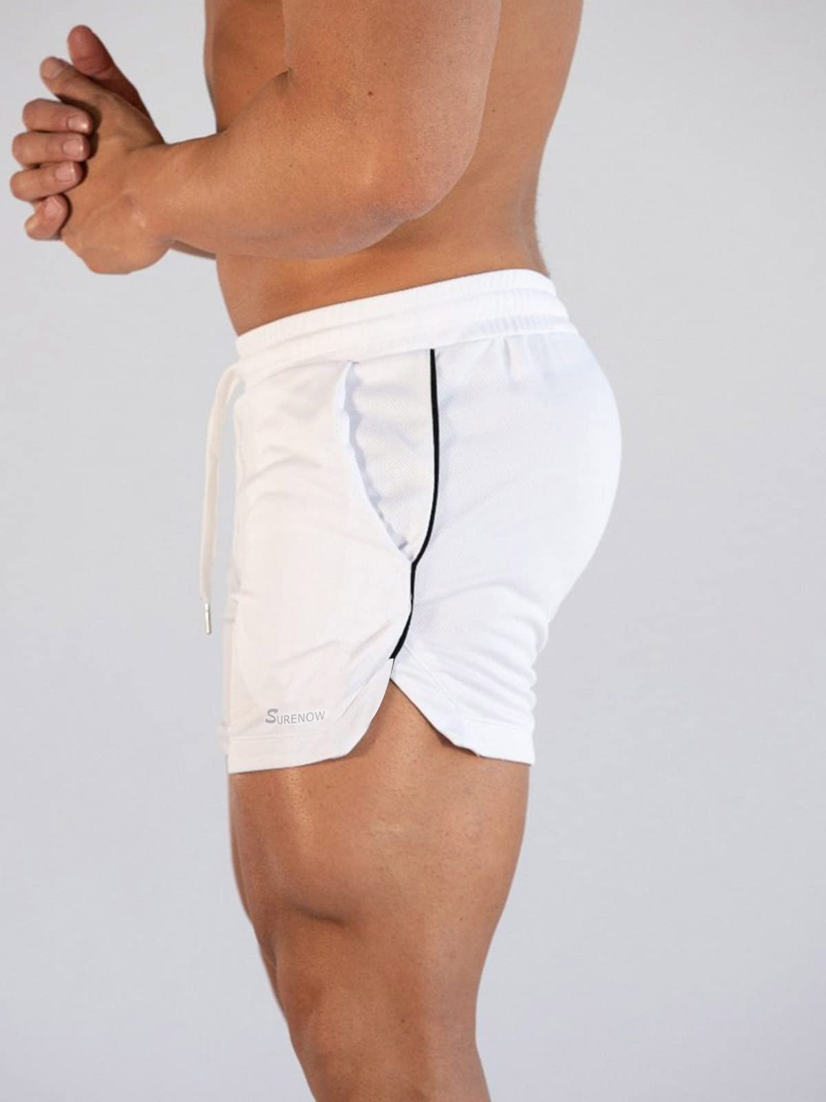 Surenow Mens Running Gym Shorts 3 Inch Breathable Lightweight Athletic Sport Shorts Training Workout Shorts with Pockets White