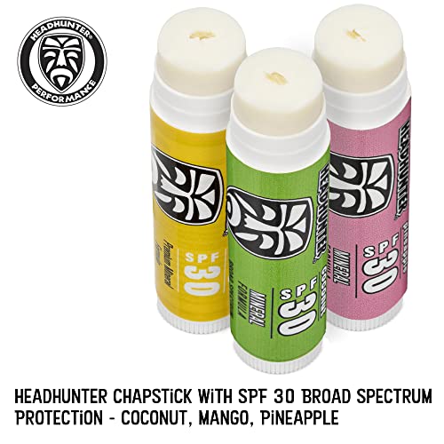 Headhunter Sport Chapstick Sunscreen SPF 30, Natural Mineral Waterproof Lip Balm For Sun Protection, Ultra Solar Defense - Reef Safe Sunblock Chap Stick, 3 Flavors - Coconut, Pineapple, Mango (3 Pack)