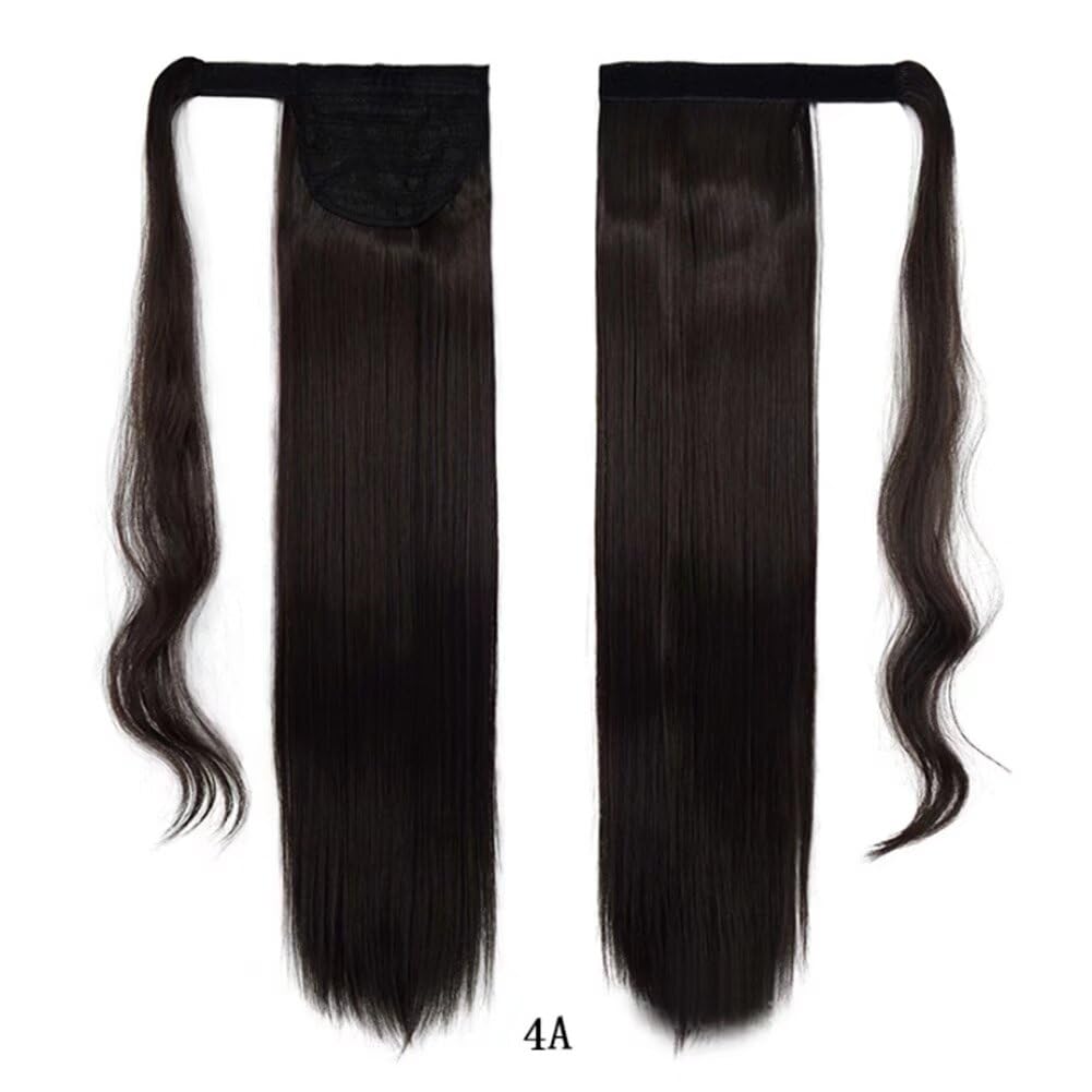 iLUU Clip in Ponytail Hair Extension Synthetic Wrap Around Long Straight Ponytail for Lady Women Girl 100g Darkest Brown Magic Paste Ponytail Hair Piece for Daily Use (24 Inch, 4A#)