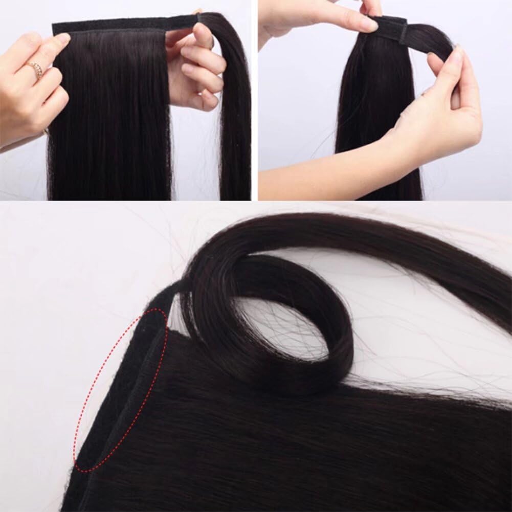 iLUU Clip in Ponytail Hair Extension Synthetic Wrap Around Long Straight Ponytail for Lady Women Girl 100g Darkest Brown Magic Paste Ponytail Hair Piece for Daily Use (24 Inch, 4A#)