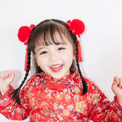 LOONELO 4 Pairs Chinese New Year Baby Girl Hair Clips with Chinoiserie Tassel, Dragon Year Hairy Furry Balls Red Bows Hairpins, Tassel Hair Barrettes for Spring Festival Lunar Year Decorations