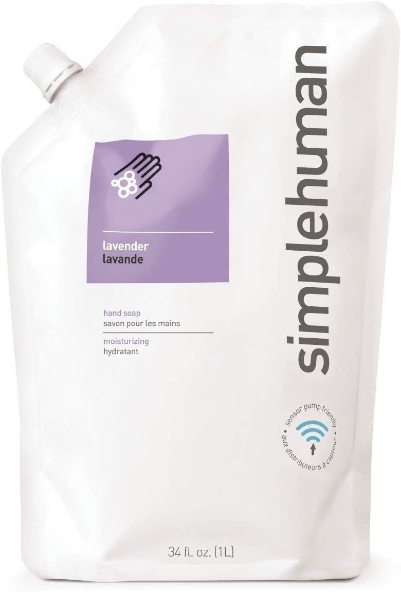 simplehuman 8 oz. Touch-Free Sensor Liquid Soap Pump Dispenser with Soap Sample, White & Lavender Moisturizing Liquid Hand Soap Refill Pouch, Purple, 34 Fl Oz