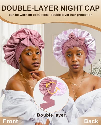 Extra Large Satin Bonnet for Sleeping Jumbo Silk Bonnet Double Layer Hair Bonnet for Women with Elastic Tie Band Sleep Bonnet Hair Wrap for Braids Curly Hair(Bean Paste + Pink)